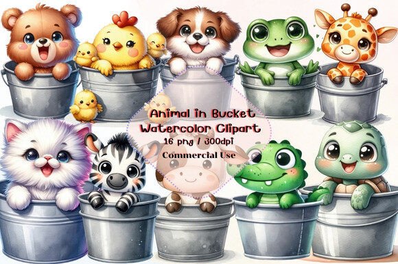 Animal in Bucket Watercolor Clipart for Design Projects