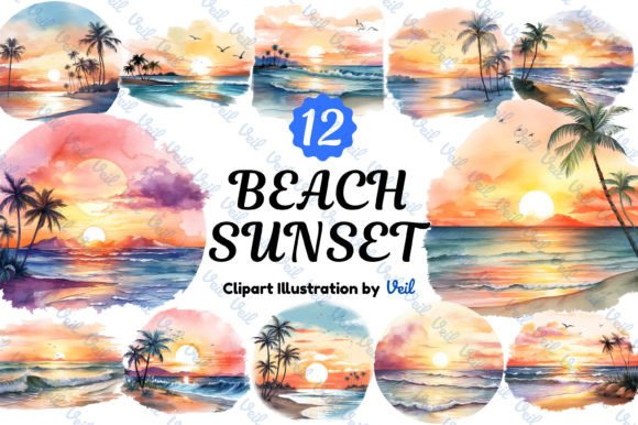 Beach Sunset Watercolor Clipart for Designers