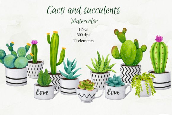 Cacti and Succulents Watercolor Cliparts