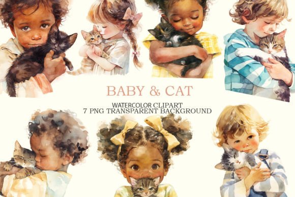 Cat Child Watercolor Clipart Bundle