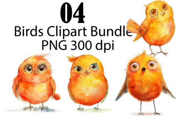 Cute Orange Watercolor Birds Clipart