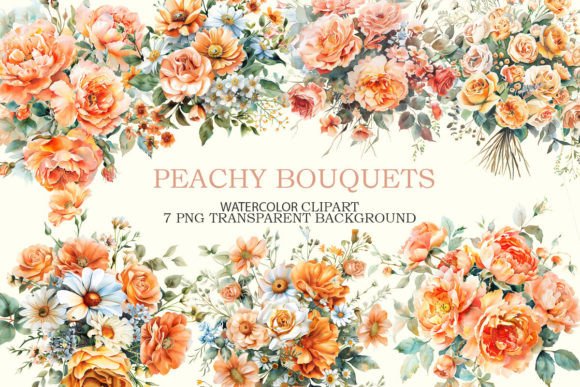 Peachy Bouquet Watercolor Clipart Bundle