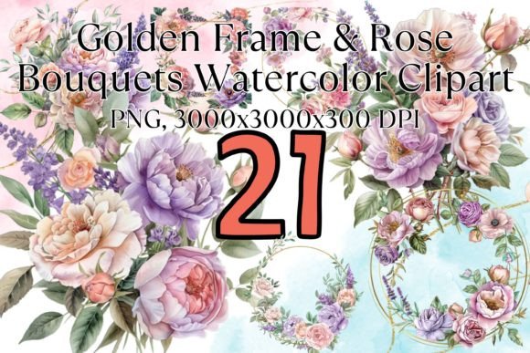 Rose Bouquets Watercolor & Golden Frames