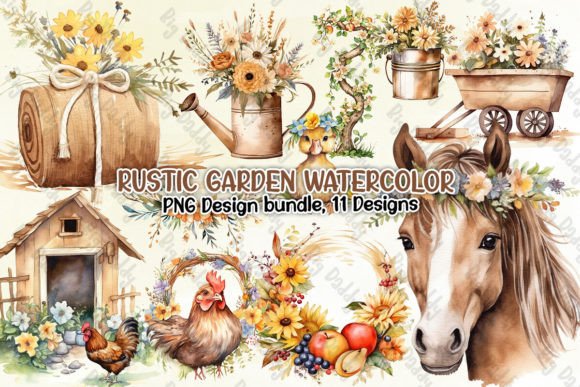 Rustic Garden Watercolor Clipart PNG for Designers