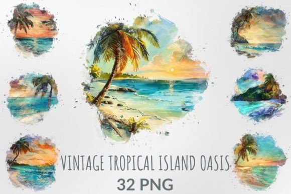 Vintage Watercolor Tropical Island Oasis