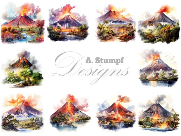 Volcano Landscape Watercolor Clipart Set
