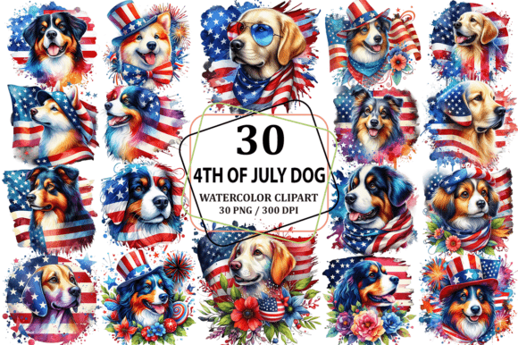 Watercolor 4th of July Dog Clipart PNG