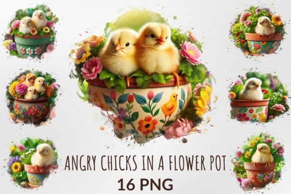 Watercolor Angry Chicks in a Flower Pot for Creative Projects
