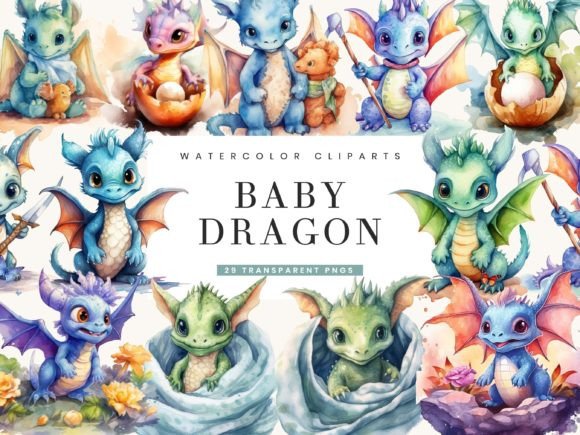 Watercolor Baby Dragon Clipart Bundle