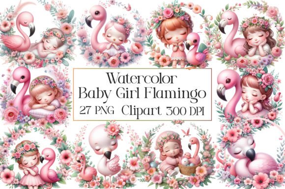 Watercolor Baby Girl Flamingo Clipart for Branding and Design