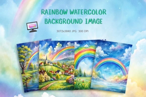 Watercolor Background Painting with Rainbow