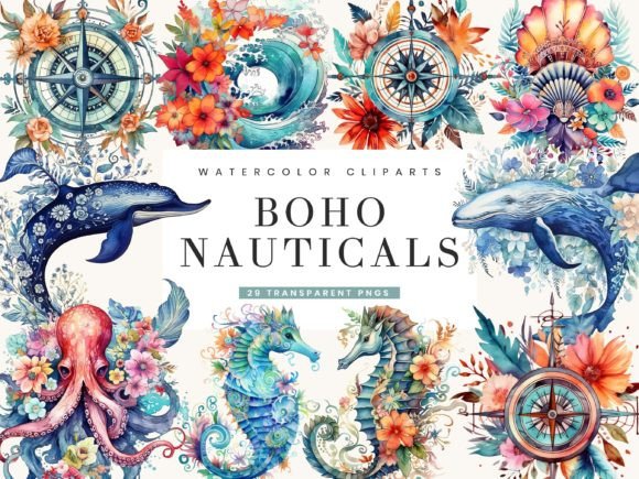 Watercolor Boho Nauticals Clipart Bundle