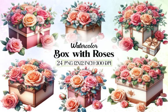 Watercolor Box with Roses Clipart