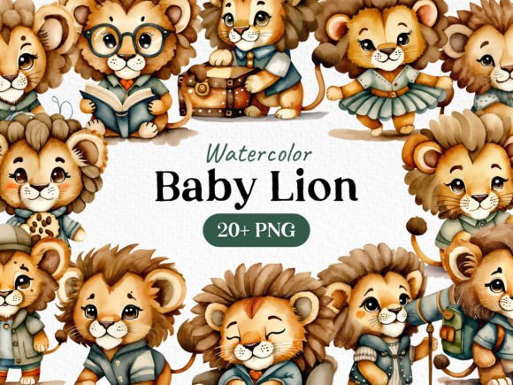 Watercolor Bundle Baby Lion Clipart PNG