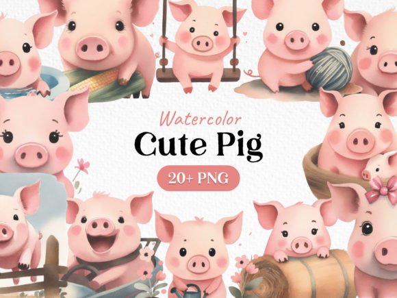 Watercolor Bundle Cute Pig Clipart PNG for Creative Projects