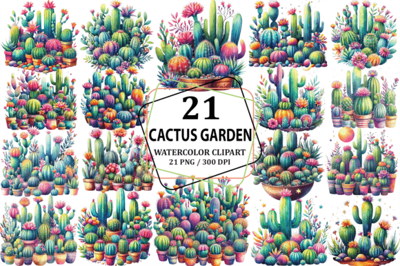 Watercolor Cactus Garden Clipart PNG