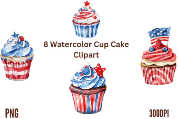Watercolor Cupcake Clipart for July 4th