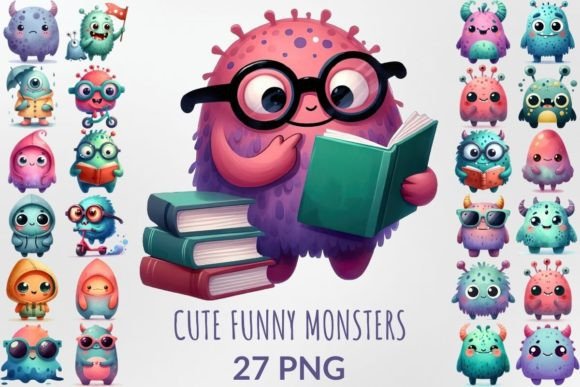 Watercolor Cute Funny Monsters for Kids