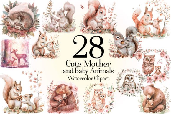 Watercolor Cute Mother and Baby Animals in Design