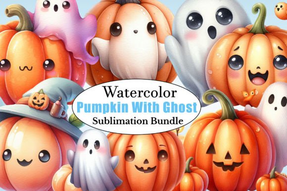 Watercolor Cute Pumpkin with Ghost PNG