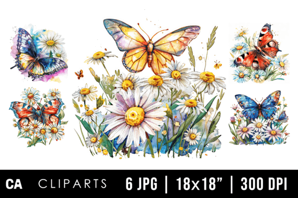 Watercolor Daisy Butterfly Cliparts for Design
