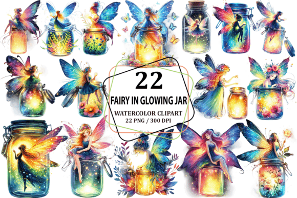 Watercolor Fairy in Glowing Jar Clipart