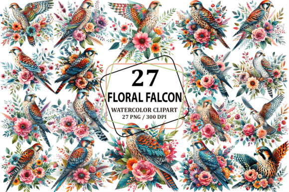 Watercolor Falcon with Floral Clipart