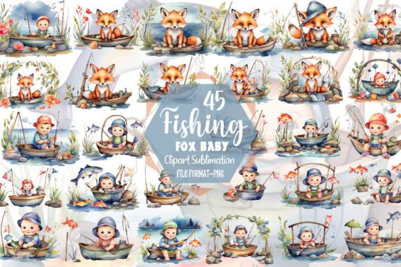Watercolor Fishing Fox Baby Clipart Bundle for Crafters and Creatives