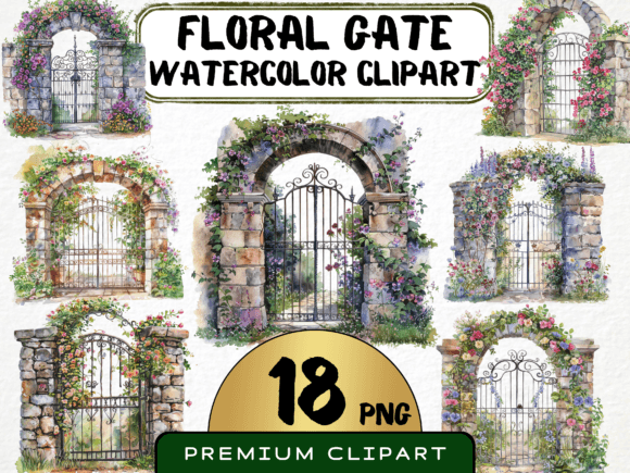 Watercolor Floral Garden Gate Clipart for Creative Projects