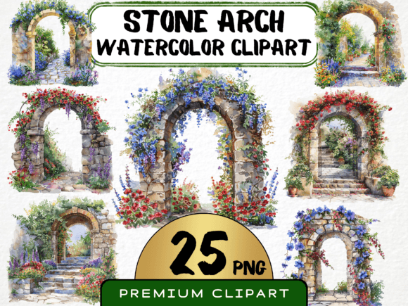 Watercolor Floral Stone Arch Clipart PNG