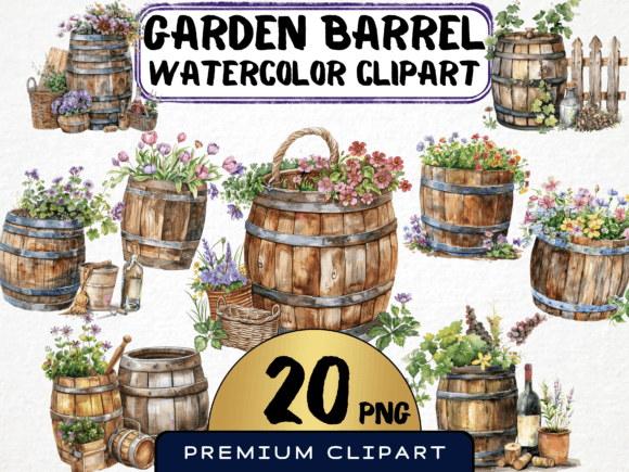 Watercolor Garden Barrel Clipart