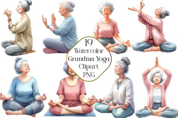 Watercolor Grandma in Yoga Clipart