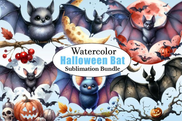 Watercolor Halloween Bat Clipart Bundle