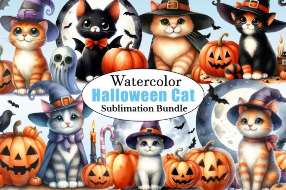 Watercolor Halloween Cat PNG Clipart for Designers