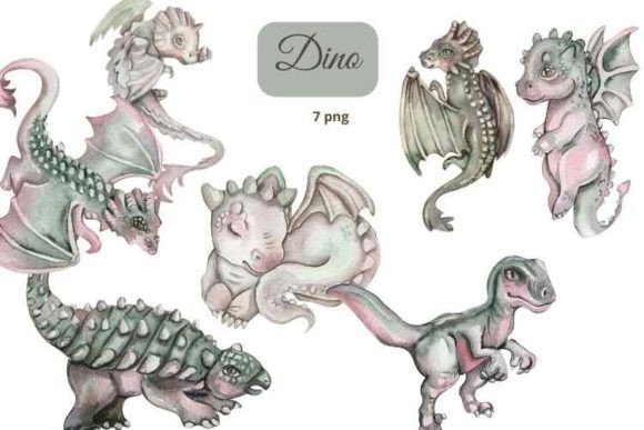 Watercolor Hand Drawn Tropical Dinosaurs