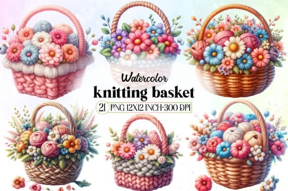 Watercolor Knitting Basket Clipart: Cozy Design Assets with Handcrafted Appeal