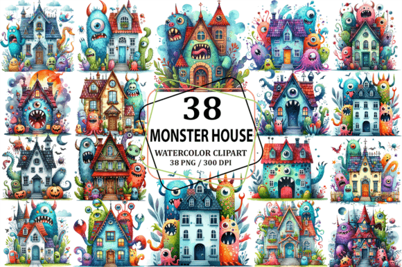 Watercolor Monster House Clipart for Creative Projects