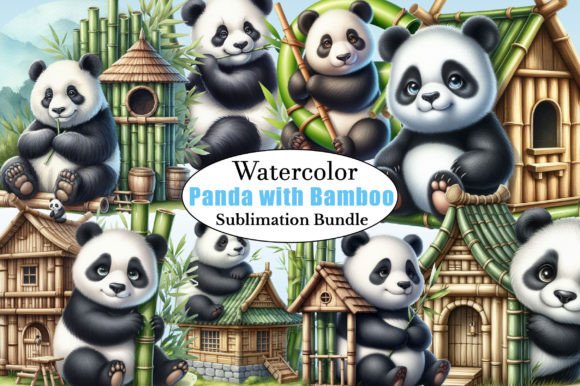 Watercolor Panda with Bamboo PNG Clipart