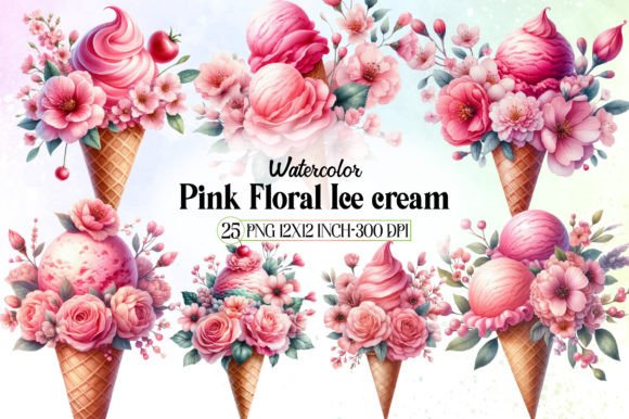 Watercolor Pink Floral Ice Cream Clipart for Branding