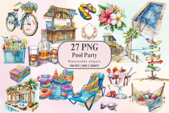 Watercolor Pool Party Summer Clipart