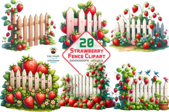 Watercolor Strawberry Fence Clipart for Branding