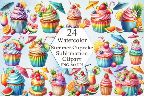Watercolor Summer Cupcake Clipart Bundle for Everyday Design