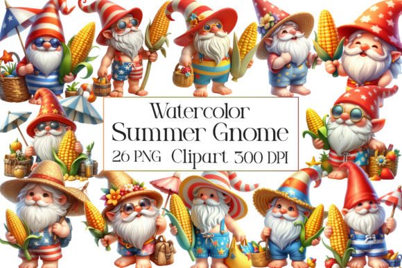 Watercolor Summer Gnome Clipart: Whimsical Art for Warm-Season Projects