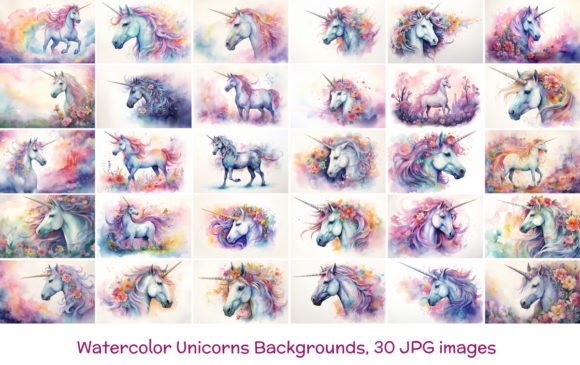 Watercolor Unicorns: 30 JPG Backgrounds