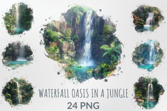 Watercolor Waterfall Oasis in a Jungle