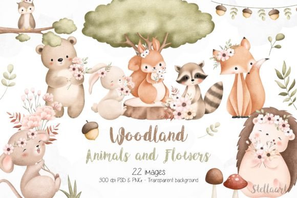 Watercolor Wooden Animals and Flowers